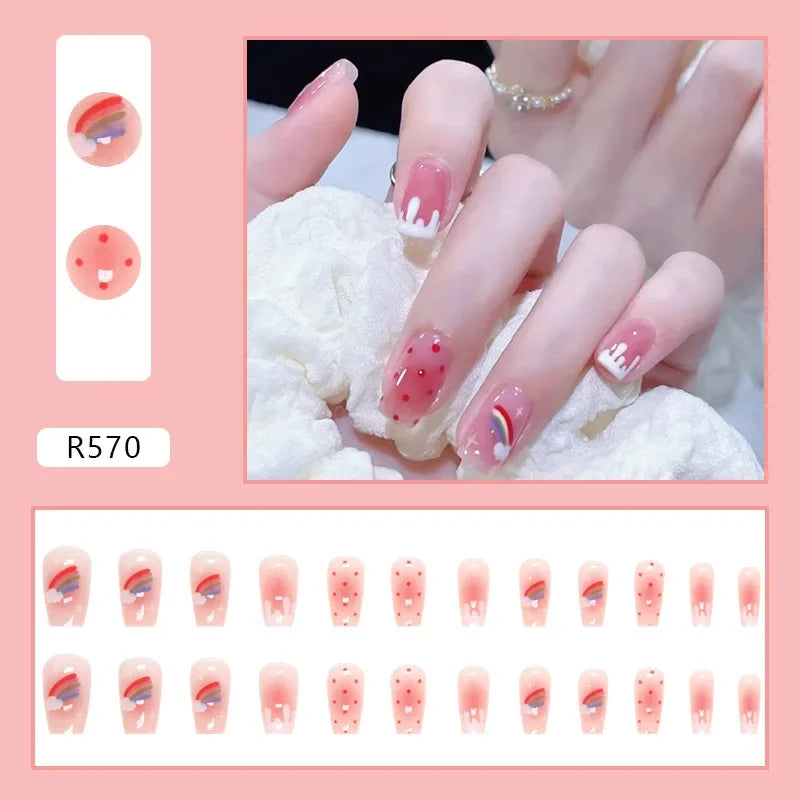 ✨ 24P Kawaii Rainbow Ballerina Press-On Nails 💅 - Adorable Full Cover Artificial Fake Nails for Creative Nail Art! 🌈