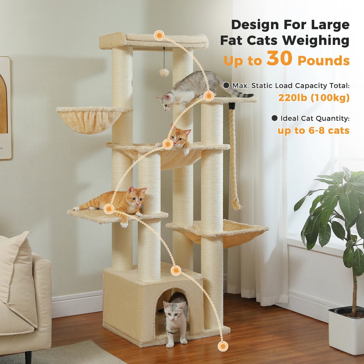 Cute 5 Tier Cat Tree For Big Cats With 11 Sisal Posts And Hammock 🐾
