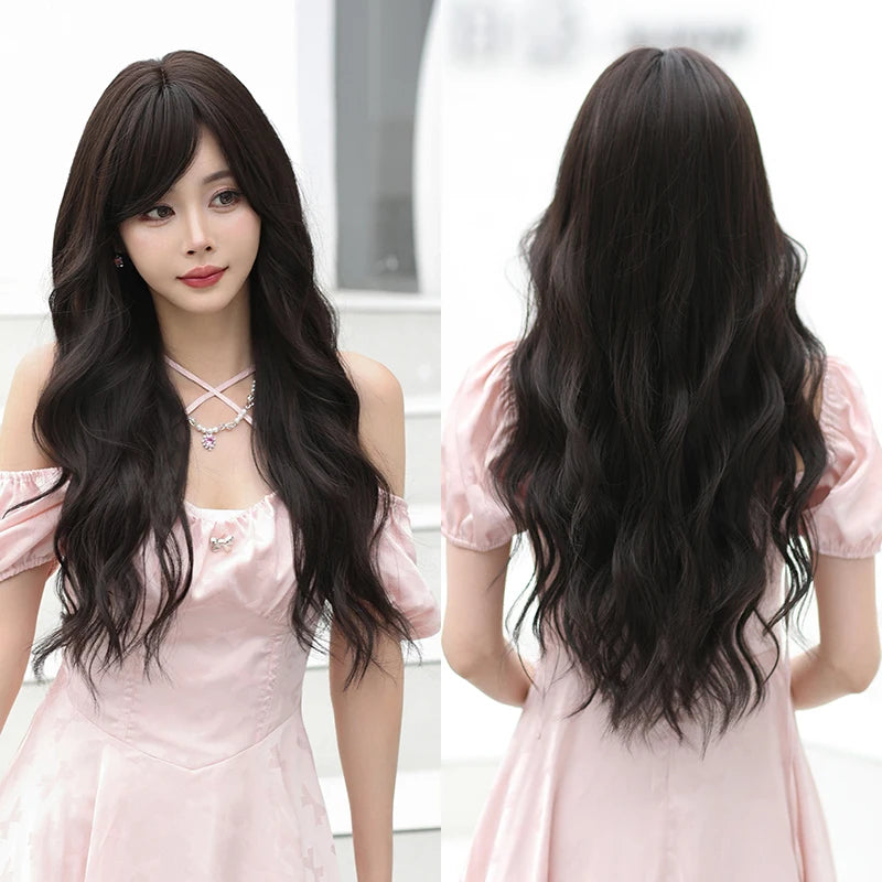 Kawaii Dreamy Sakura Pink Wavy Wig 🌸✨ | High-Density Curly Hair with Bangs for Sweet Girls 💖🎀