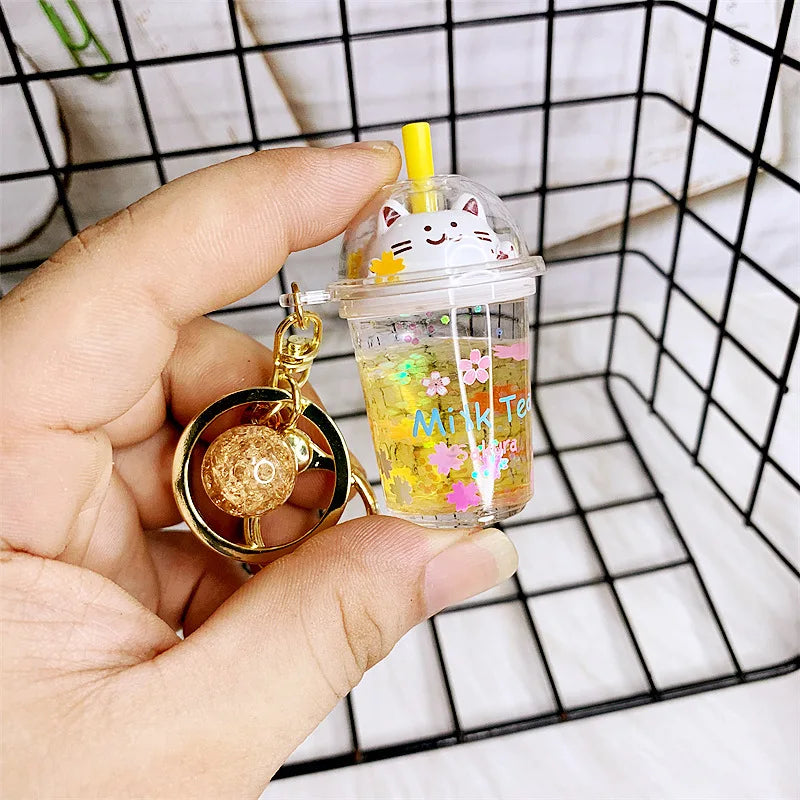 🌸 Cute Cat Milk Tea Keychain 🐱✨ Adorable Sakura Car Pendant Gift! - Pixie Quill
