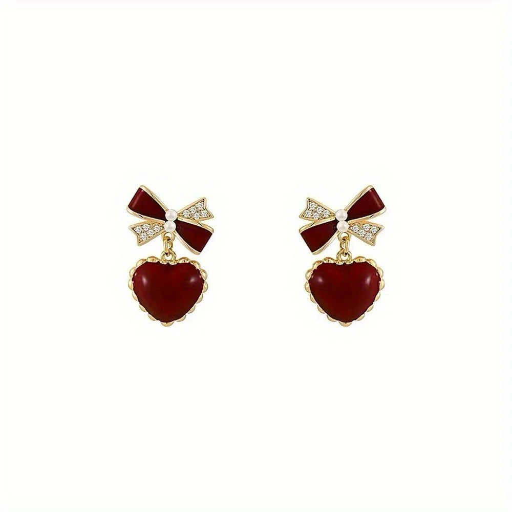 Adorable Kawaii Red Bow & Heart Dangle Earrings ❤️🎀 | Cute Party Jewelry Gift for Women & Girls ✨