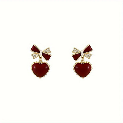 Adorable Kawaii Red Bow & Heart Dangle Earrings ❤️🎀 | Cute Party Jewelry Gift for Women & Girls ✨