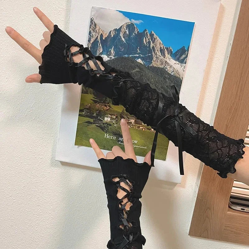 Gothic Lolita Lace Fingerless Gloves Black Mesh Sleeve Accessory Punk Style 🖤
