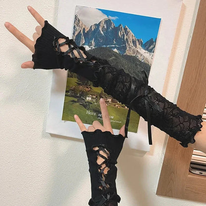 Gothic Lolita Lace Fingerless Gloves Black Mesh Sleeve Accessory Punk Style 🖤