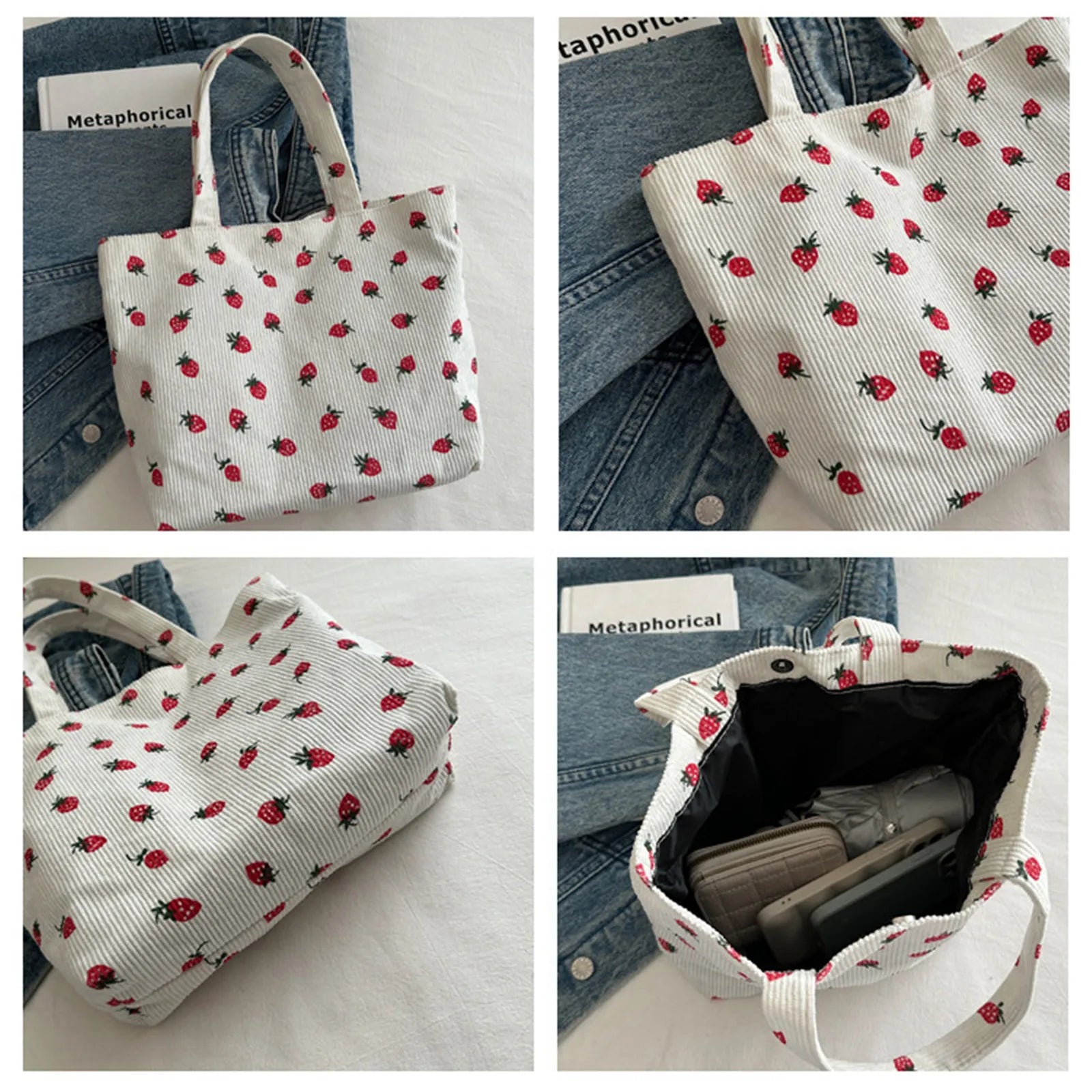 🍓 Adorable Strawberry Corduroy Tote Bag 🍓 - Stylish & Spacious for Shopping, Travel & More! 🌟✨ - Pixie Quill