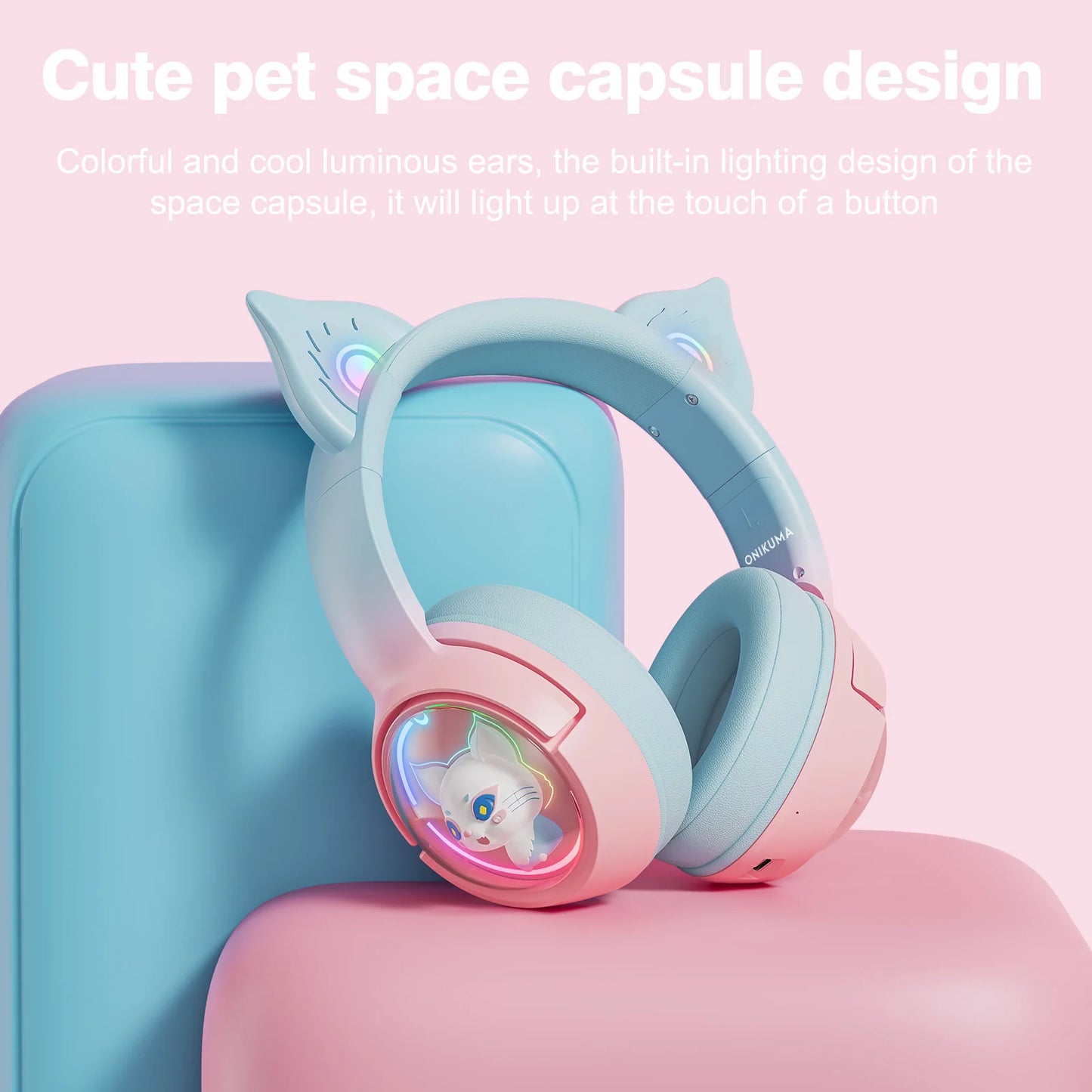 Kawaii ONIKUMA B5 Tri-Mode Gaming Headset 🎮✨ Cute 3D Cartoon Design with RGB Lighting & Microphone for iPad, Tablet & PS4 🐾🎧