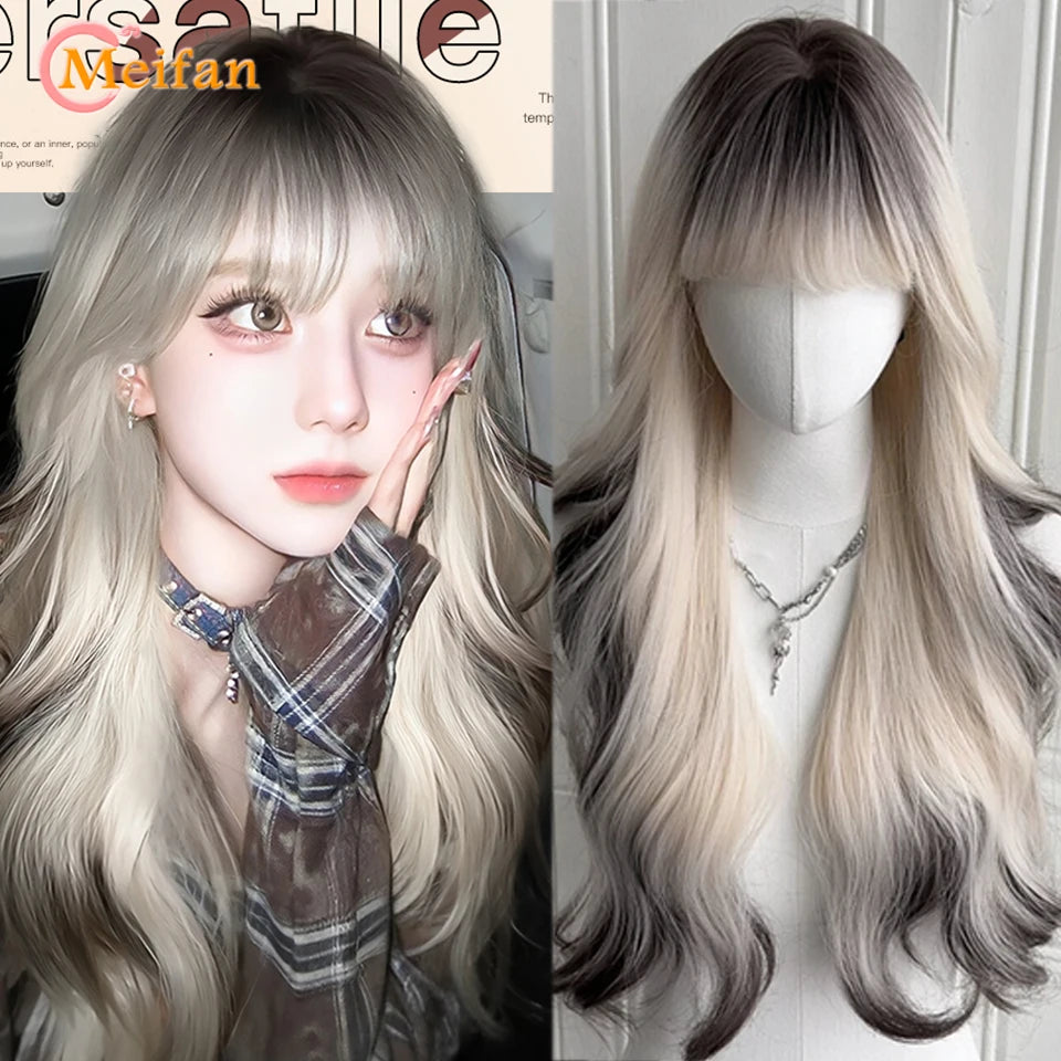 Kawaii Ombre Pink & Blonde Long Straight Wig 🎀✨ - Cute Lolita Cosplay Hair for Parties & Halloween! 🌸🖤