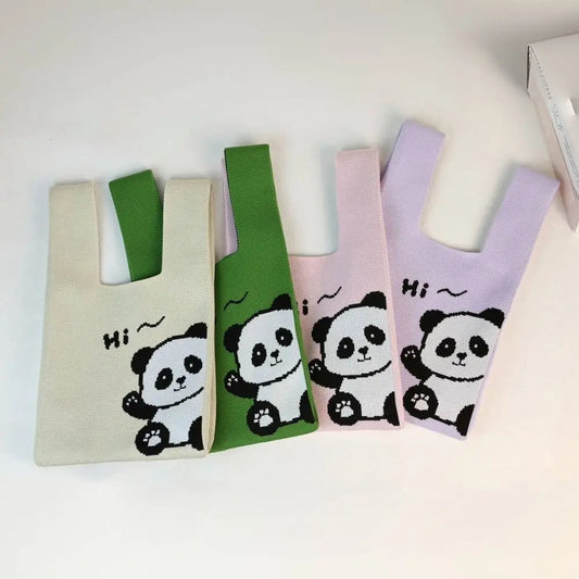 🐼 Adorable Panda Knit Tote 👜 Handmade High-Capacity Wrist Bag for Students ✨ - Pixie Quill