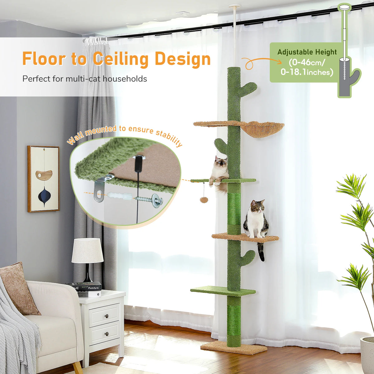 Whimsical Cactus Cat Tower With 5 Tier Floor To Ceiling Climbing Perch And Scratching Post For Indoor Cats 🐾😺