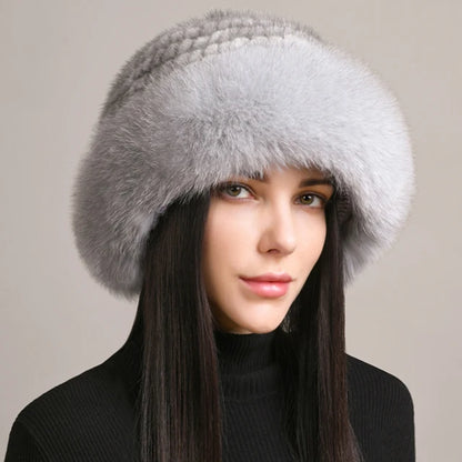 Kawaii Handmade Knitted Mink & Fox Fur Beanie 🎀✨ | Luxury Winter Hat for Stylish Women 🧣❄️