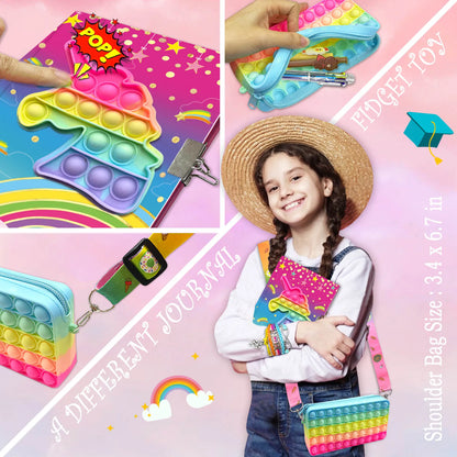 Kawaii Pop Fidget Journal Set 🎀✨ - Lockable Butterfly Diary, Colorful Pens, Adorable Pencil Case & Fashion Bracelet for Creative Kids! 🦋🖊️