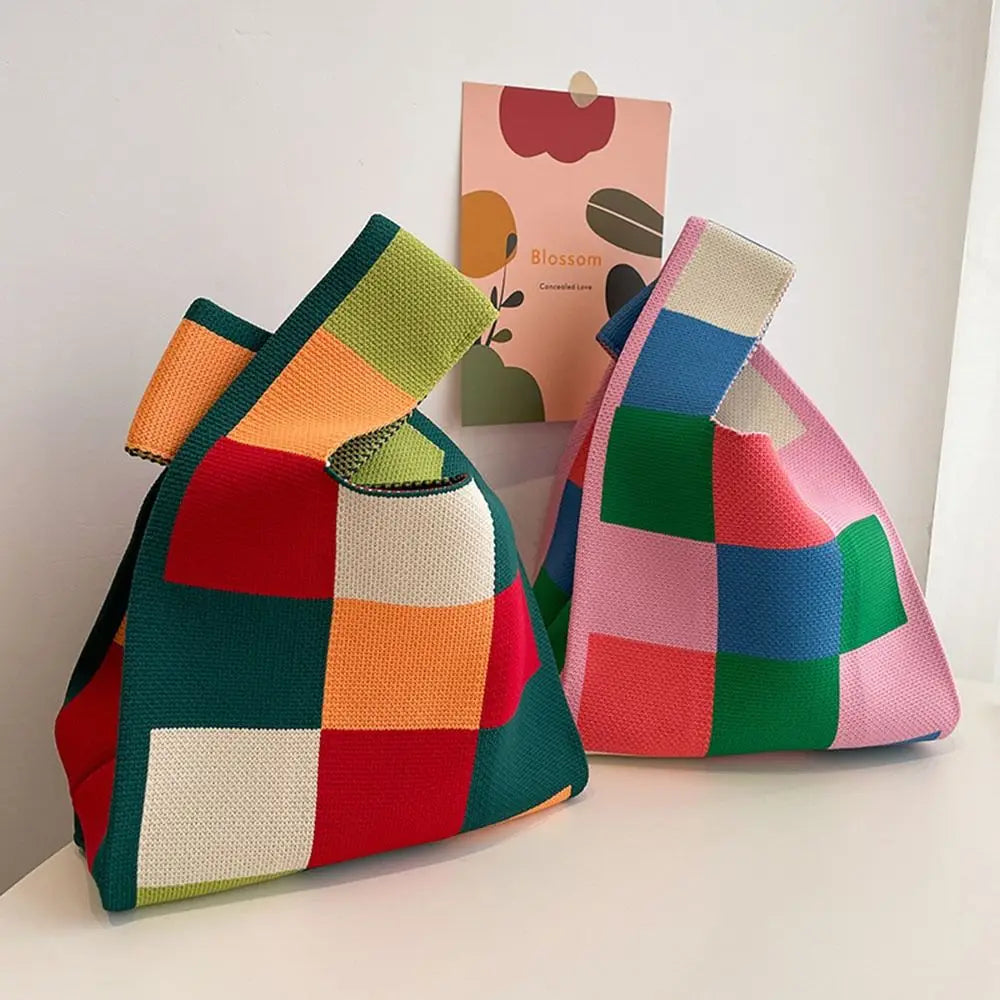 Kawaii Knitted Mini Tote Bag 👜✨ | Cute Plaid Handbag for Women | Stylish & Versatile Reusable Shopping Bag 🌈💖
