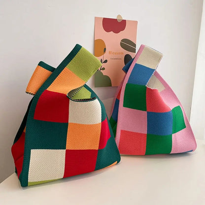 Kawaii Knitted Mini Tote Bag 👜✨ | Cute Plaid Handbag for Women | Stylish & Versatile Reusable Shopping Bag 🌈💖