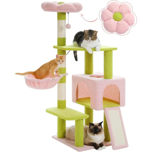 🌸 Purr-fect Flower Cat Haven 🌼 47.2" Cutie Cat Tower with Cozy Nooks & Fluffy Toys! 🐾