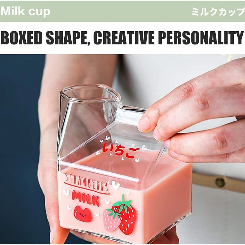 Kawaii Milk Carton Glass Cup 🥛✨ - 380ml Cute Strawberry & Peach Design for Breakfast Fun! 🍑🍓