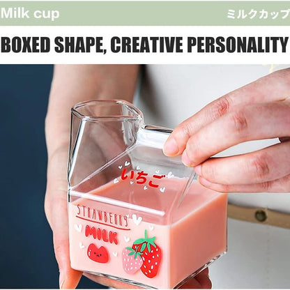 Kawaii Milk Carton Glass Cup 🥛✨ - 380ml Cute Strawberry & Peach Design for Breakfast Fun! 🍑🍓