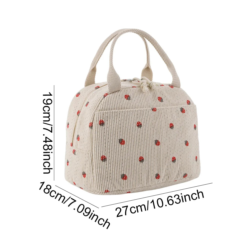 Kawaii Corduroy Lunch Bag 🌼🍓 | Insulated & Spacious Tote for Women, Girls & Kids - Perfect for Work, Travel & Picnics!