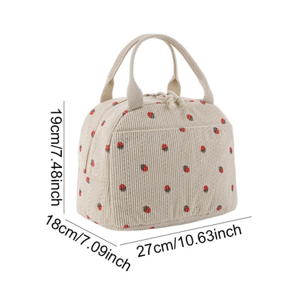 Kawaii Corduroy Lunch Bag 🌼🍓 | Insulated & Spacious Tote for Women, Girls & Kids - Perfect for Work, Travel & Picnics!