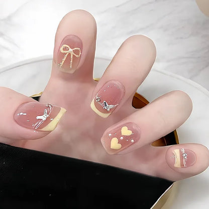 Kawaii Blush Pink Glitter Cat Eye Press-On Nails 💖✨ | 24Pcs Cute Coffin Full Cover Short Square Nail Art Tips