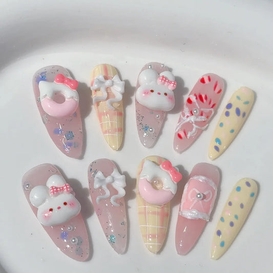 Kawaii 10pcs Rabbit-Themed Press-On Nails 🐰💖 Sweet Pink Almond Acrylics for Parties & Fun! 🎉✨