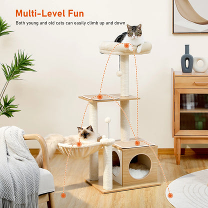 Deluxe Level Cat Tree For Indoor Cats With Cozy Condo Hammock 🐱🪵 Sisal Posts