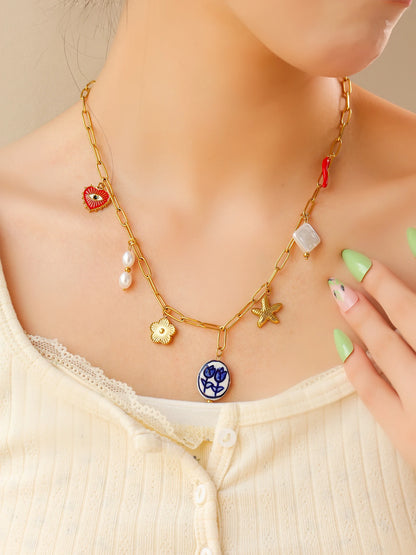 Enchanting Tulip Ceramic Pendant Necklace With Pearl Eye Flower Starfish Charm In Stainless Steel Women Jewelry 💎🌷🐚