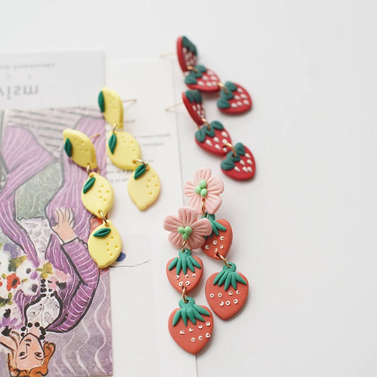 Pastel Fruit Heart Clay Earrings Set Lightweight Dangle for Summer 🍓💖