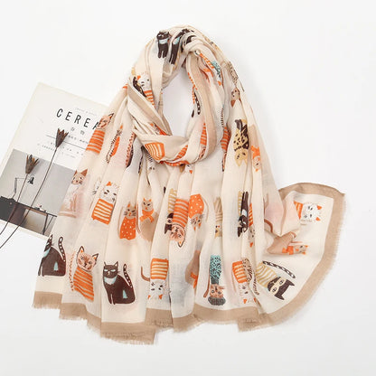 Playful Cat Print Fringed Scarf Women Cotton Viscose 180x85 Cm 🐈✨