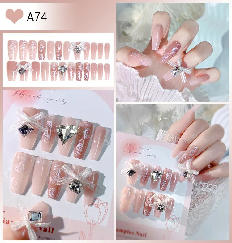 Kawaii Bunny Blossom 🌸✨ 24pcs Pink Flower Rhinestone Coffin Press-On Nails - Acrylic Nail Art for a Cute Touch! 🐰💖