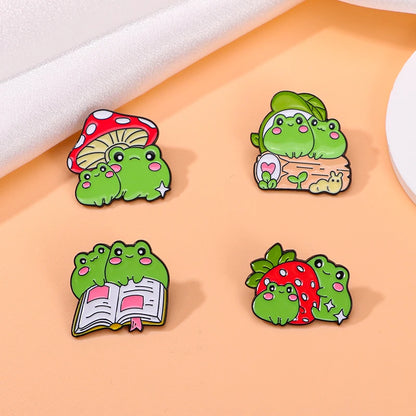 🍓🐸 Adorable Kawaii Strawberry & Frog Couple Enamel Pins - Cute Backpack Brooches! 🌟