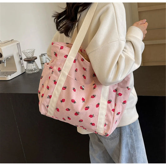 Strawberry Dreams 🍓✨ Cozy Corduroy Shoulder Bag for Stylish Adventures! 👜❤️ - Pixie Quill