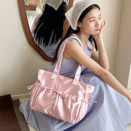 Kawaii Charm 🌸 Satin Bow Tote Bag 🎀 - Adorable Large Capacity Shoulder Bag for Stylish Commuters! 👜✨