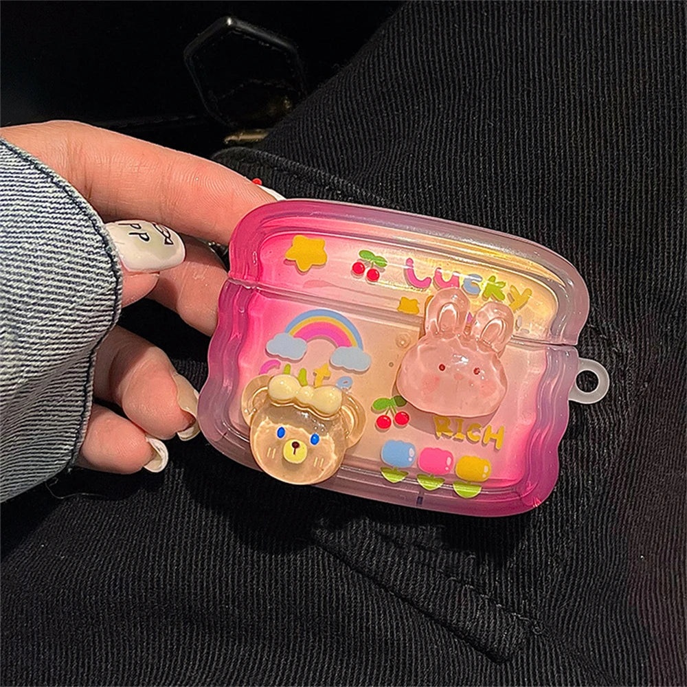 🐰✨ Adorable 3D Bunny & Bear AirPods Case with Wavy Border & Flower Beads 🌸🎧 - Pixie Quill