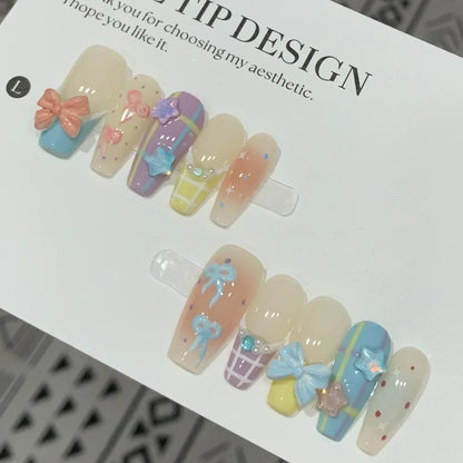 Kawaii 3D Press-On Nails Set 💖✨ - 10Pcs with Love Hearts, Moon, Butterfly & Rhinestones 🌙🦋 - Perfect for Nail Art Lovers!