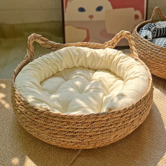 🌟 Cozy Rattan Cat Cuddle Basket 🐾 Soft & Snuggly Donut Bed for Your Furry Friend! 🌙
