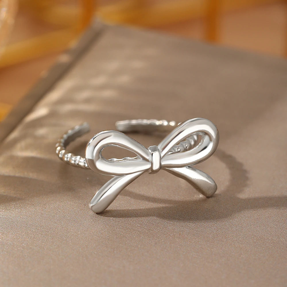 Kawaii Stainless Steel Bow Tie Ring 🌟✨ Adjustable & Chic Jewelry for Women 💖 Perfect Gift for Special Occasions! 🎁