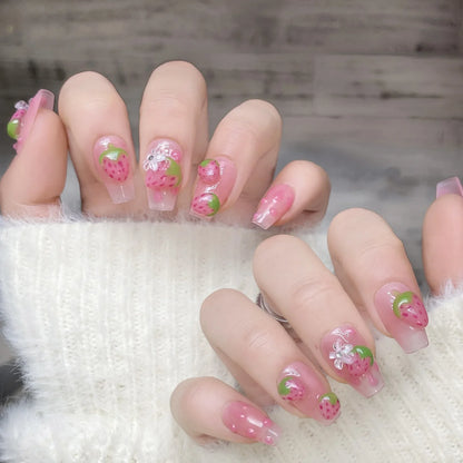 Kawaii Strawberry Dream 🌸🍓 10pcs Handmade Pink Coffin Press-On Nails - Sweet 5D Decor for Cute Manicures!