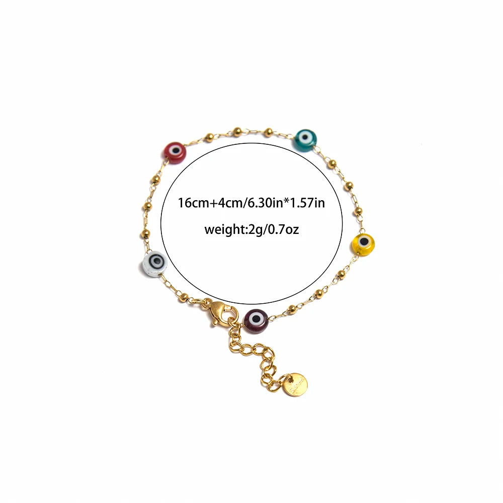 Pastel Chibi Devil's Eye Beads Stainless Steel Bracelet For Women 14K Plated Chain Jewelry Daily Wear 🧿💗🎀