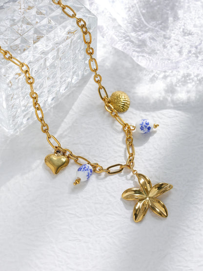 Blue And White Porcelain Flower Shell Heart Pendant Necklace For Women  💙🌸