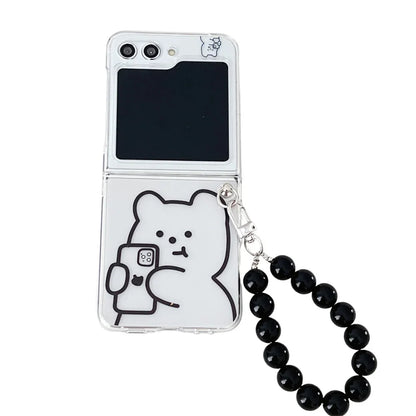 ✨ Adorable Bear Pearl Bracelet Case for Samsung Galaxy Z Flip 5, 4, 3 - Cute Cartoon Clear Cover! 🐻💖
