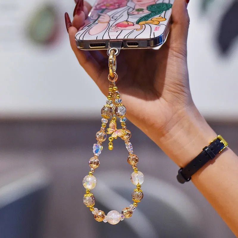 Crystal Phone Chain With Butterfly Pendant, Sweet Gold Bead Wrist Strap 💎🦋