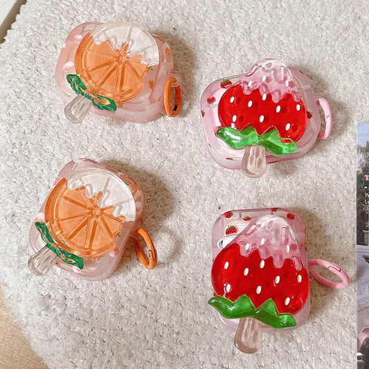 Kawaii Strawberry & Orange Popsicle AirPods Case 🍓🍊 | Soft Silicone Protection with Keyring for AirPods 1/2/Pro/3