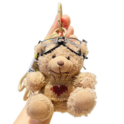 Pilot Bear Keychain With Goggles Plush Pendant Pearl Rope Accessory 🧸🪢