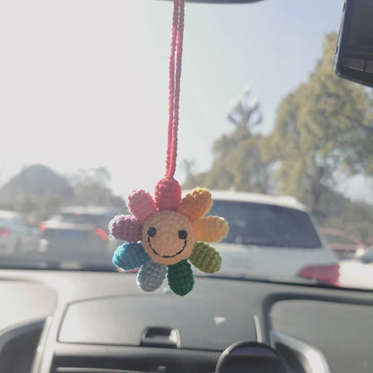 Kawaii Rainbow Flower Waffle Car Mirror Charm 🌸✨ | Handmade Crochet Decor for Joyful Vibes!