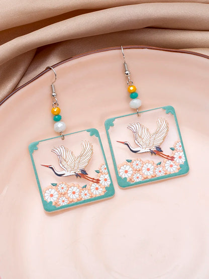 Transparent Square Acrylic Earrings With Crane Flower Design Geometric Drop 🌸