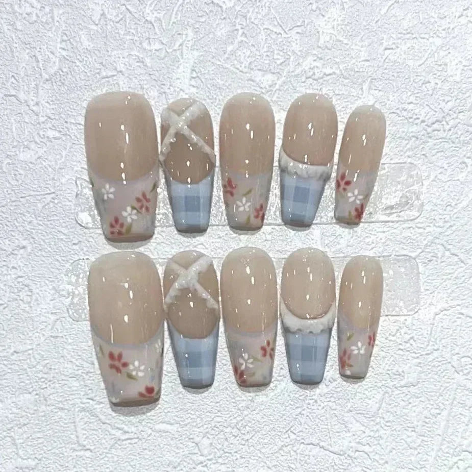 Kawaii Shimmering 10Pcs Handmade Press-On Nails ✨💖 Bowknot Design Coffin Style - Cute & Elegant Full Cover Nail Tips!