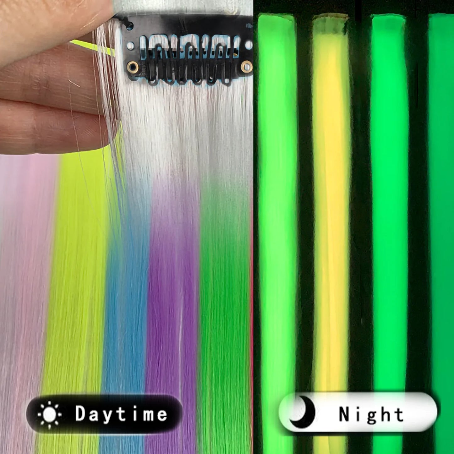 Glow In The Dark 20 Inch Rainbow Hair Extensions Clip On Wig ✨🌈🎀