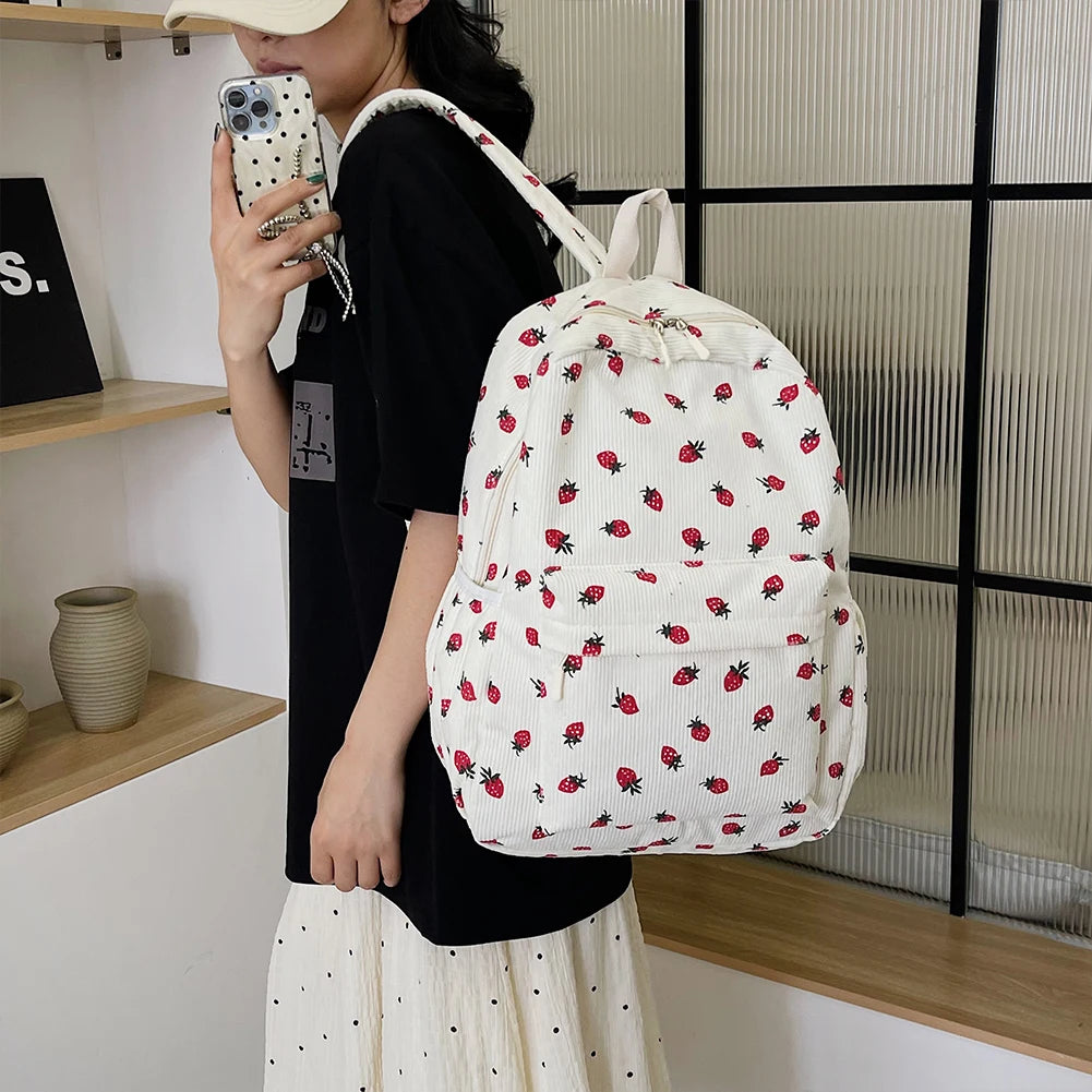 Women Kawaii Strawberry Pattern Backpacks with Pendant Corduroy School Knapsack Multi-pockets Students Daily Schoolbags Mochilas - Pixie Quill