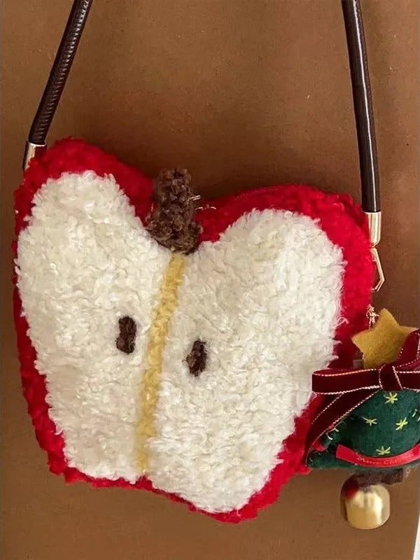 Plush Lamb Wool Apple Handbag Crossbody For Women Christmas Cute Bag 🍎🐑🎄