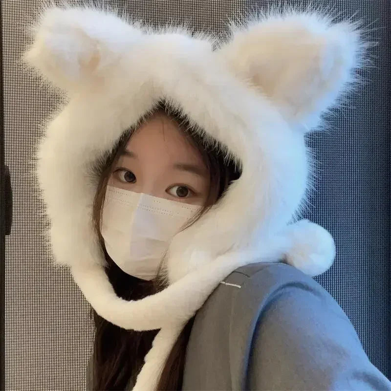 Kawaii Cat Ear Winter Beanie 🐾✨ Fluffy Faux Fur Ski Hat for Spicy Girls 🧣❄️ Cozy Knitted Retro Cap